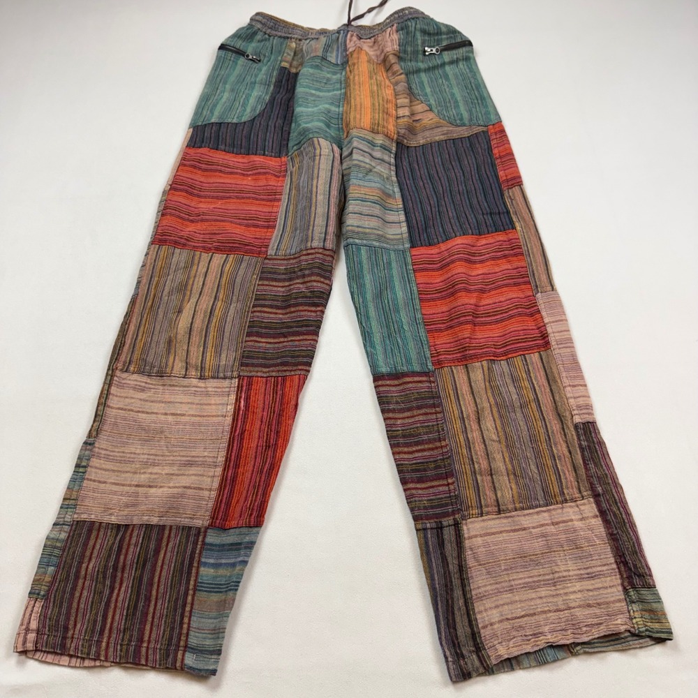 Jayli Patchwork Cotton Pants Womens Large Multicolor Boho Nepal Hippie Striped